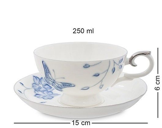 Чашка с чайником Голубая бабочка Pavone JS-33, костяной фарфор