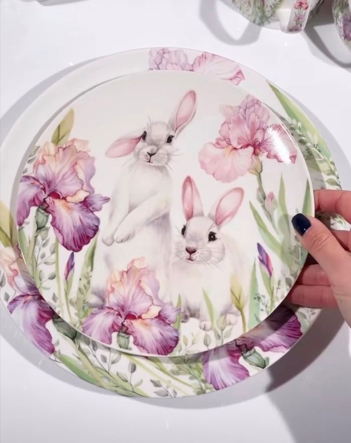 Тарілки 12 Шт "Кролик В Ірисах" (6 Шт 20,5 См + 6 Шт 26 См). Пасхальний посуд
