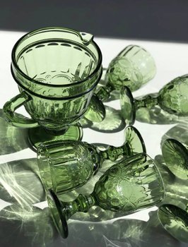 Набір з 6 Скляних Келихів на Ніжці з Кувшином Вінтаж зелений
