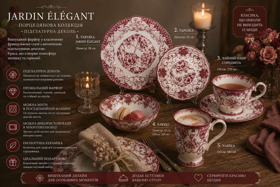 Набір з 6 чашок з блюдцем "JARDIN &Eacute;L&Eacute;GANT" 270 мл у вінтажному стилі червоні