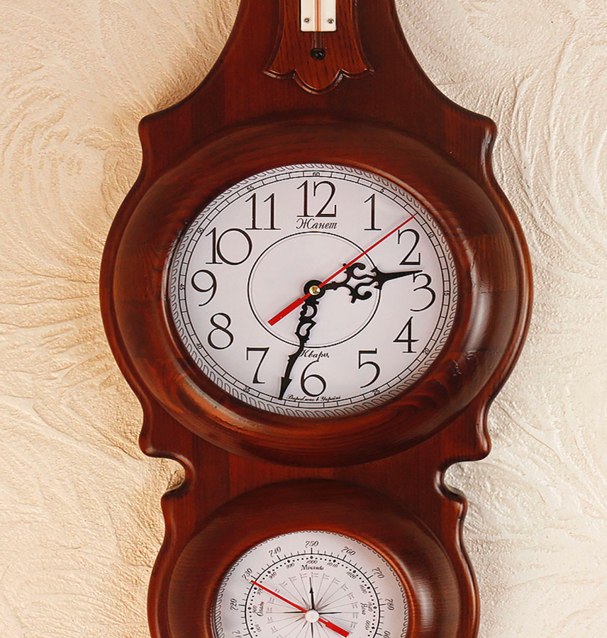 Настенные часы деревянные с барометром и термометром