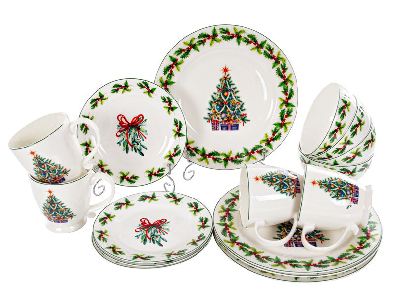 Набір новорічного посуду на 4 персони, столовий сервіз на 16 предметів