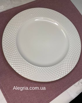 Набор белых фарфоровых тарелок Вафелька 6 шт 27 см с золотистым обрамлением