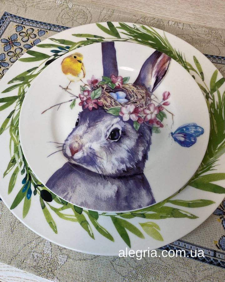 Набір з 8 Тарілок Кролик (4 Шт 26 См + 4 Шт 19 См). Пасхальний посуд