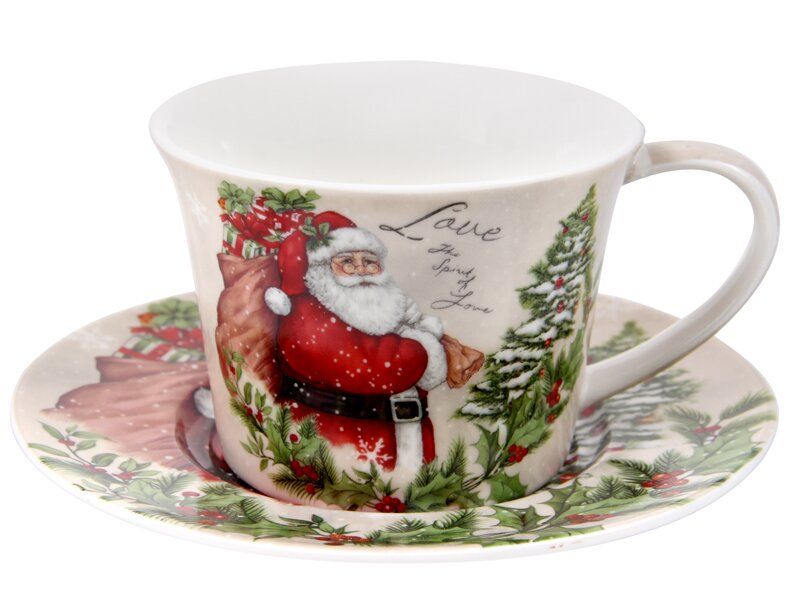 Чашка фарфоровая с блюдцем Дед Мороз с подарками 924-655