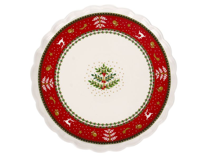 Тортовница фарфоровая Новогодняя + 4 тарелки 943-189. Новогодняя посуда
